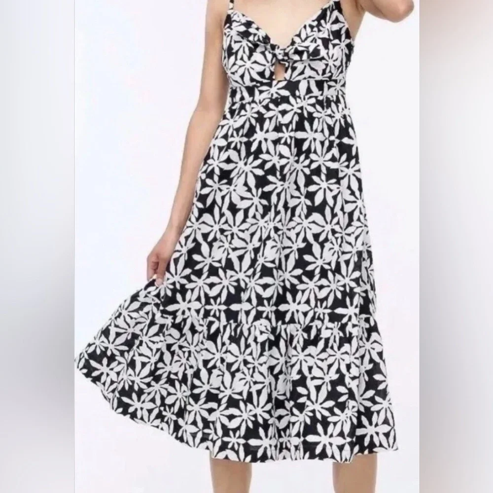 NWT J Crew Midi Dress 6 Tie Front Cutout Black Floral Sleeveless Sundress Tiered